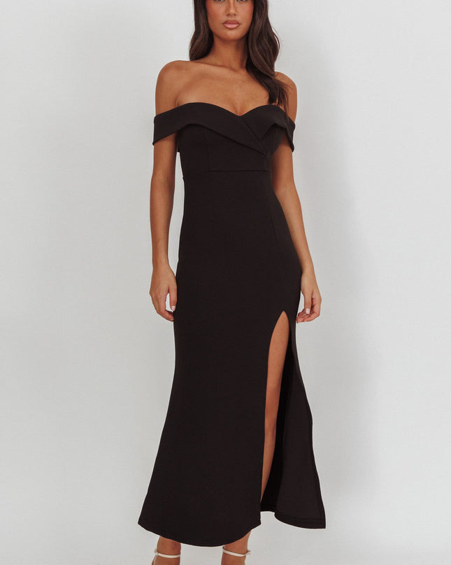 Black Off-Shoulder Front Split Maxi Dress