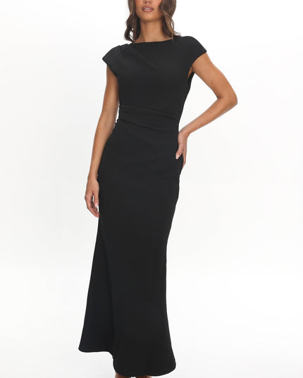 Black Cap Sleeve Surplice Back Maxi Dress