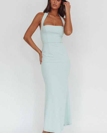Ice Blue Square Neckline Halter Maxi Dress