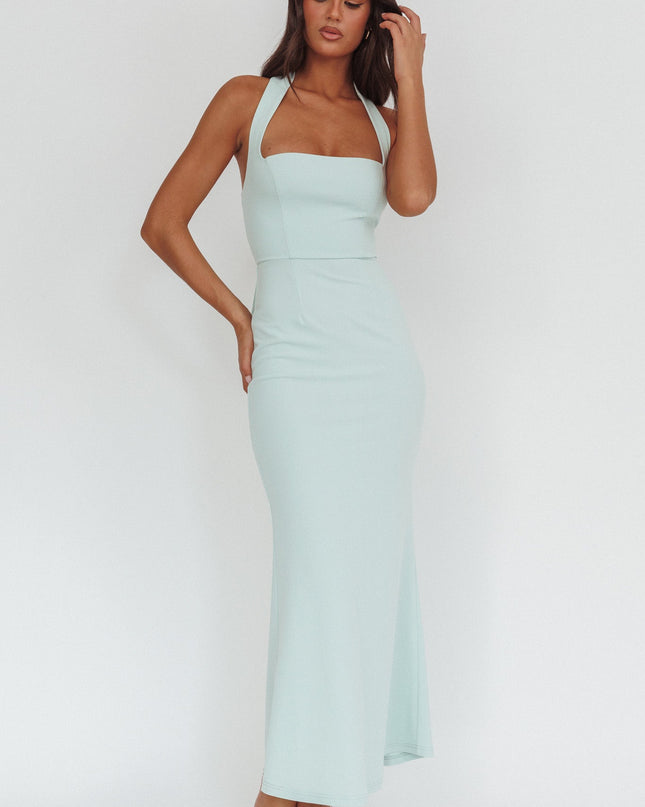 Ice Blue Square Neckline Halter Maxi Dress