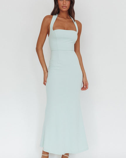Ice Blue Square Neckline Halter Maxi Dress