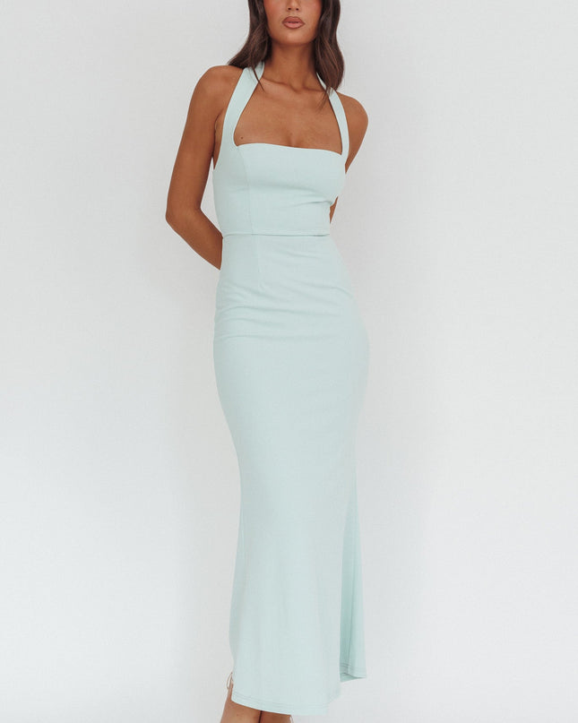 Ice Blue Square Neckline Halter Maxi Dress