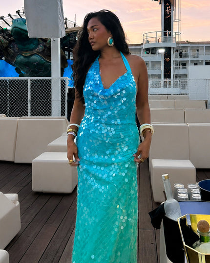 Multi Asymmetric Halterneck Sequin Maxi Dress Blue