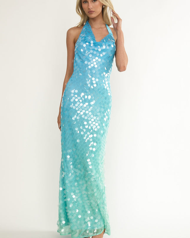 Multi Asymmetric Halterneck Sequin Maxi Dress Blue