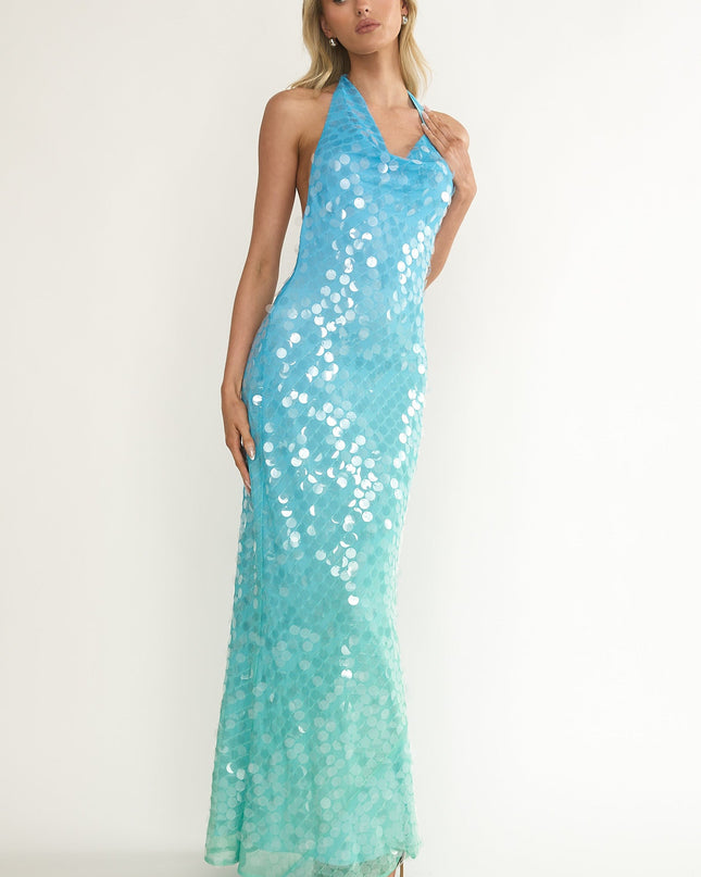 Multi Asymmetric Halterneck Sequin Maxi Dress Blue