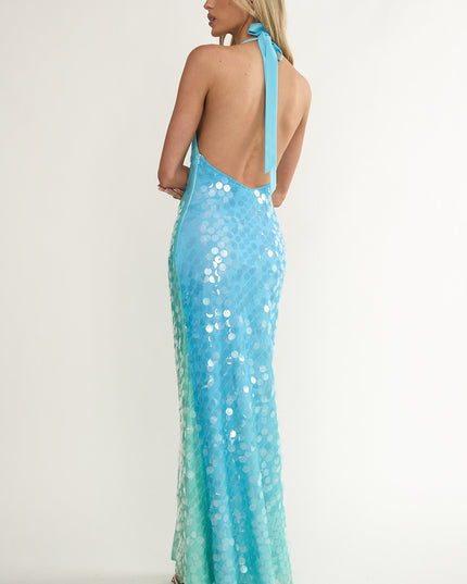 Multi Asymmetric Halterneck Sequin Maxi Dress Blue