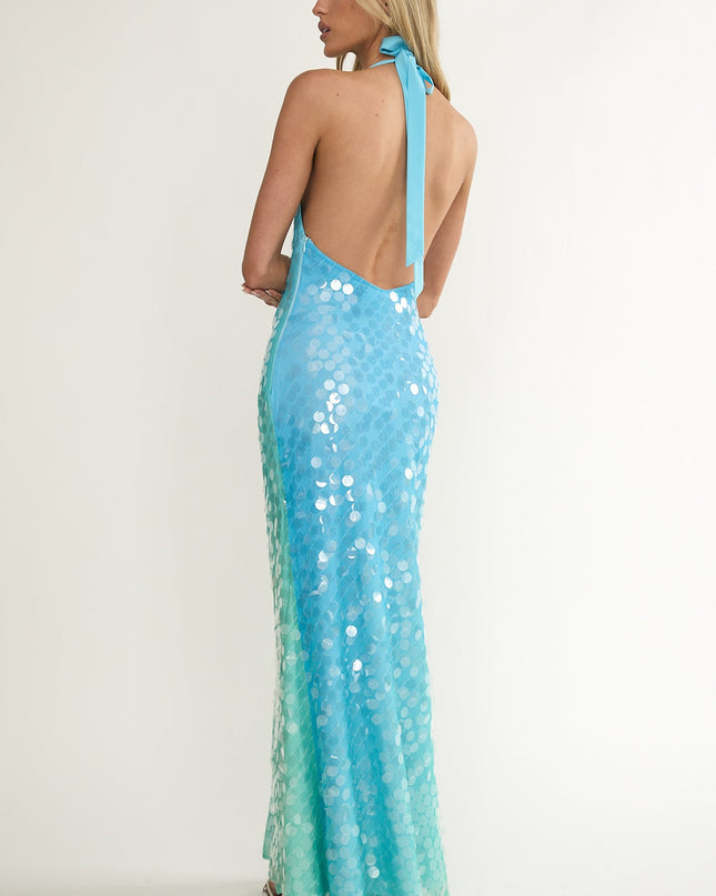 Multi Asymmetric Halterneck Sequin Maxi Dress Blue