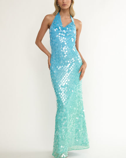 Multi Asymmetric Halterneck Sequin Maxi Dress Blue