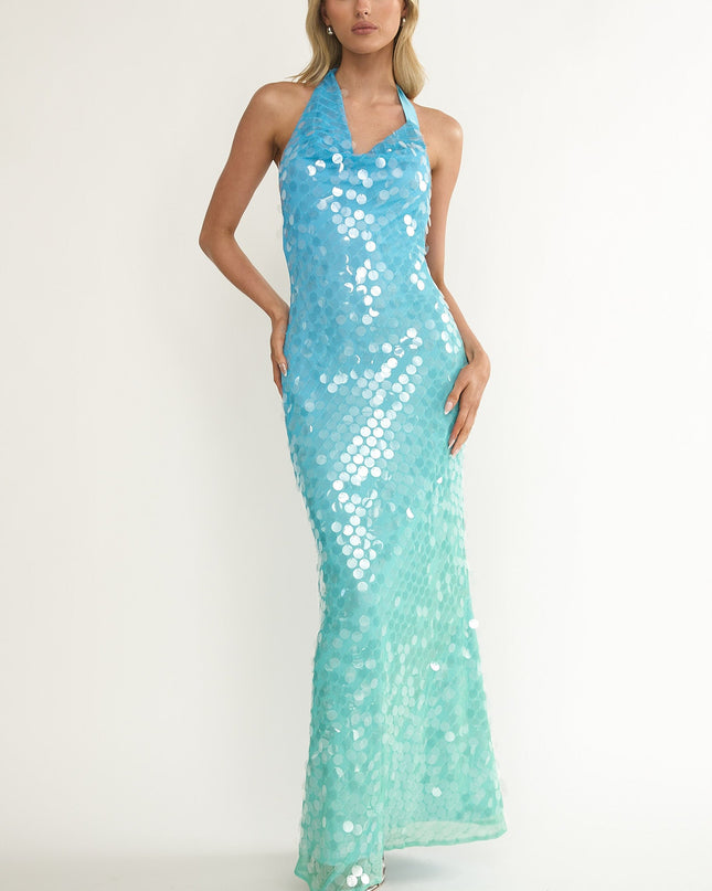Multi Asymmetric Halterneck Sequin Maxi Dress Blue
