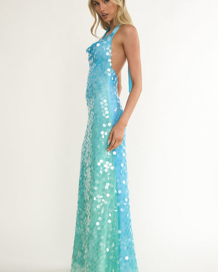 Multi Asymmetric Halterneck Sequin Maxi Dress Blue