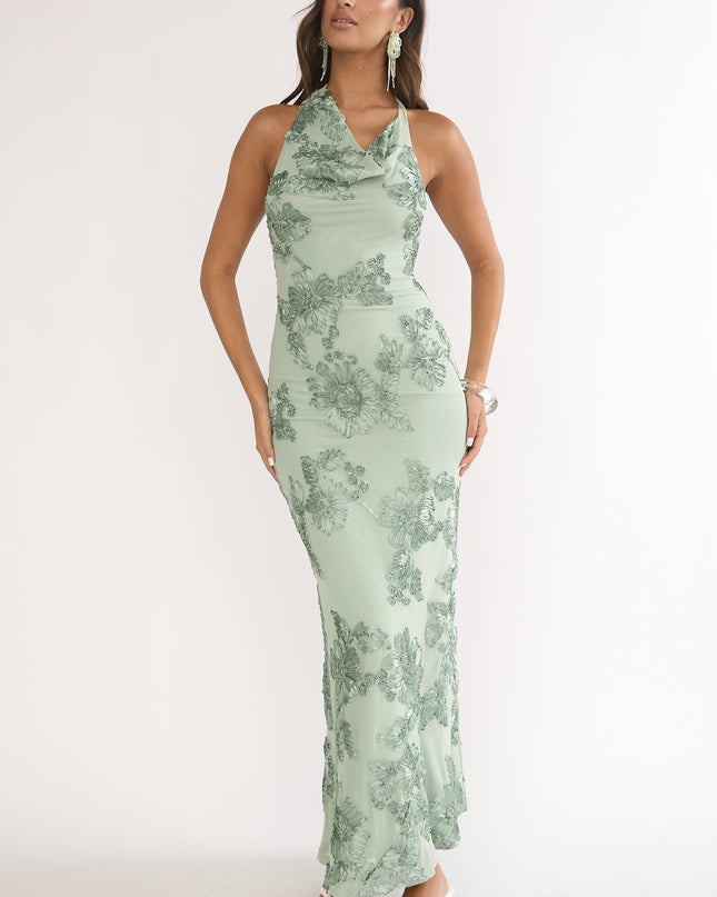 Green Asymmetric Halterneck Embellished Maxi Dress Aqua