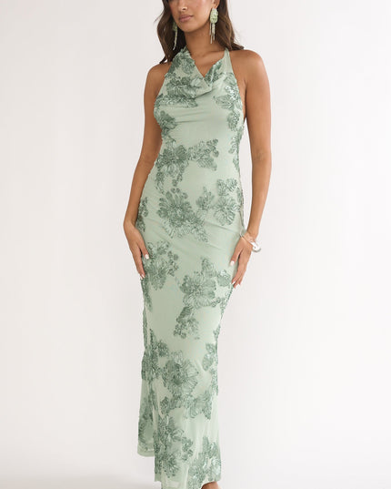 Green Asymmetric Halterneck Embellished Maxi Dress Aqua