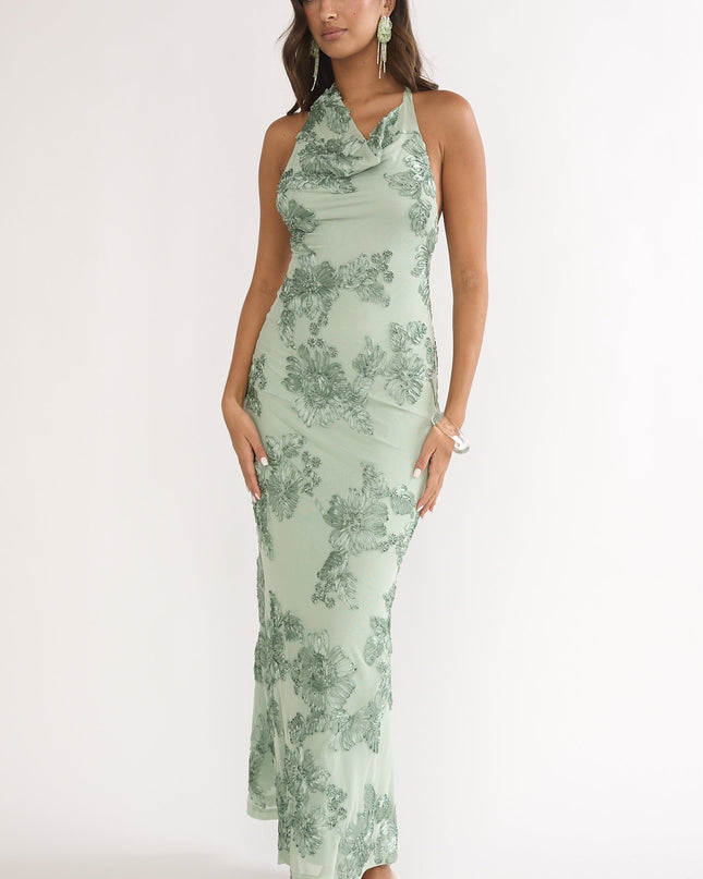 Green Asymmetric Halterneck Embellished Maxi Dress Aqua