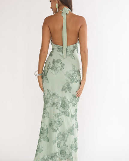 Green Asymmetric Halterneck Embellished Maxi Dress Aqua