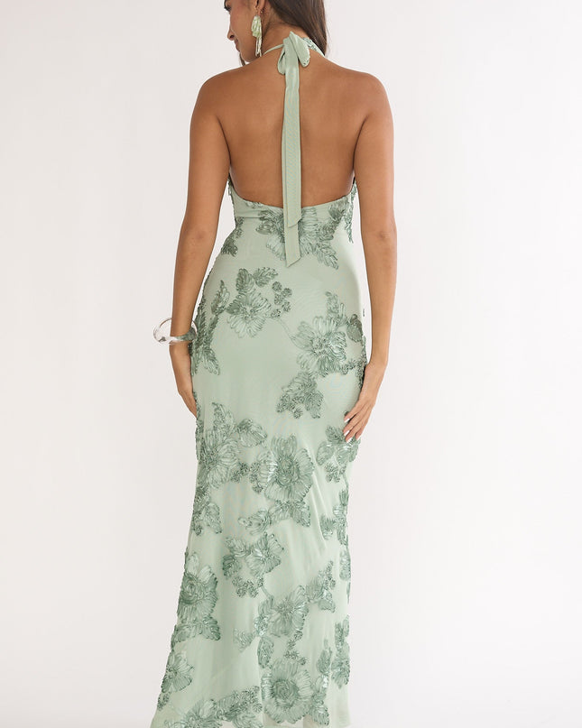 Green Asymmetric Halterneck Embellished Maxi Dress Aqua