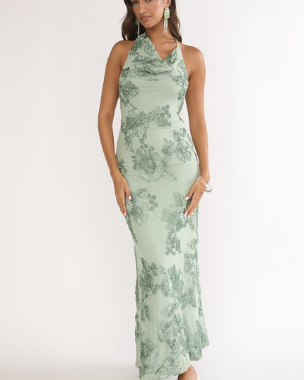 Green Asymmetric Halterneck Embellished Maxi Dress Aqua