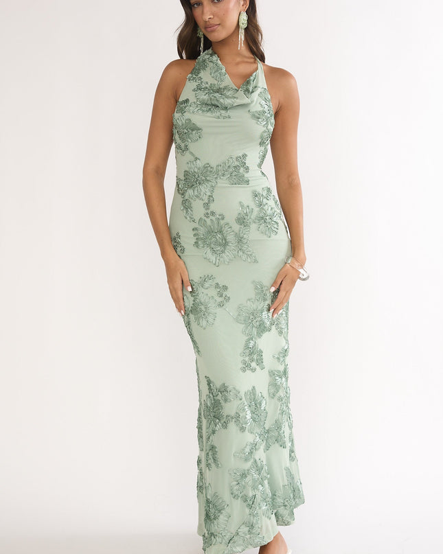 Green Asymmetric Halterneck Embellished Maxi Dress Aqua