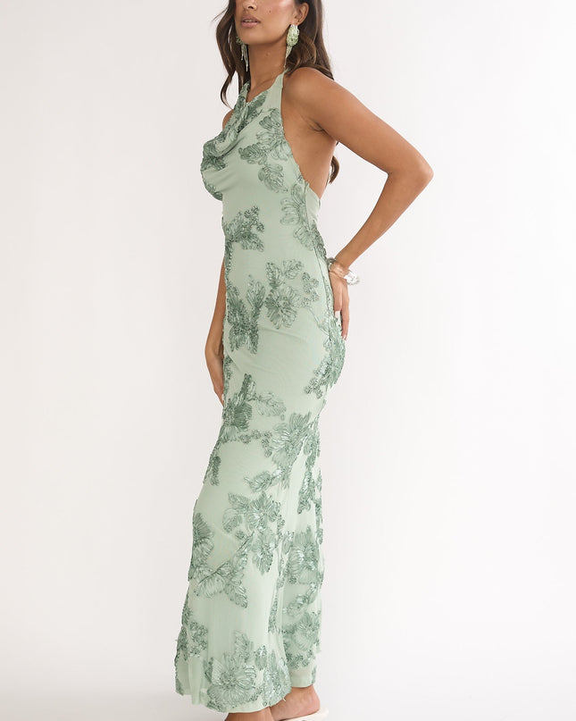 Green Asymmetric Halterneck Embellished Maxi Dress Aqua