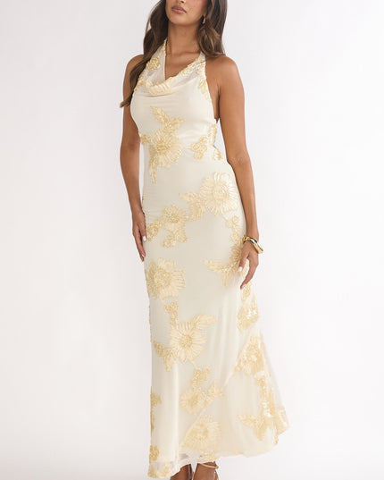 Yellow Asymmetric Halterneck Embellished Maxi Dress