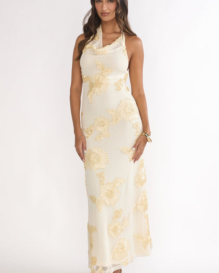 Yellow Asymmetric Halterneck Embellished Maxi Dress