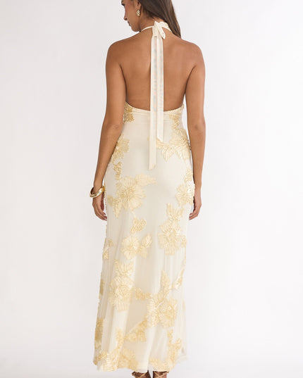 Yellow Asymmetric Halterneck Embellished Maxi Dress