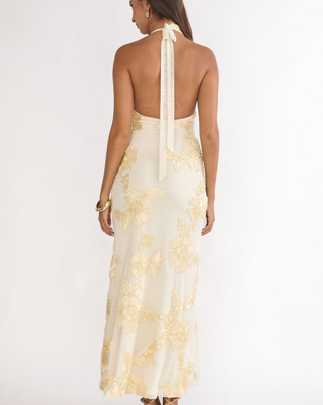 Yellow Asymmetric Halterneck Embellished Maxi Dress