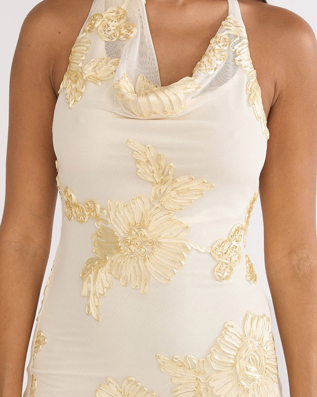 Yellow Asymmetric Halterneck Embellished Maxi Dress