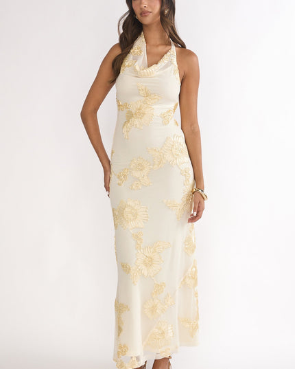 Yellow Asymmetric Halterneck Embellished Maxi Dress