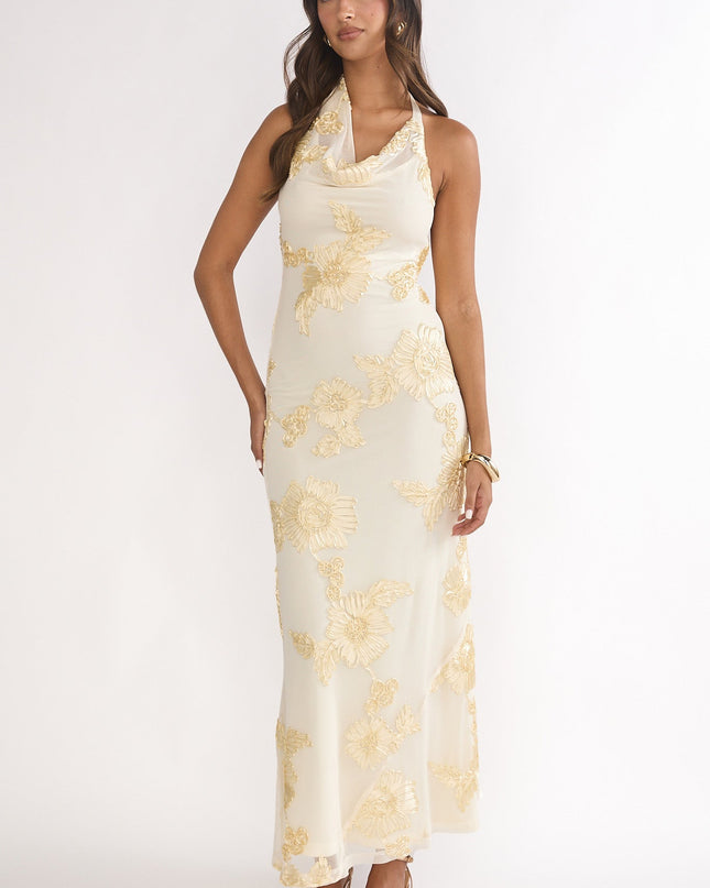 Yellow Asymmetric Halterneck Embellished Maxi Dress