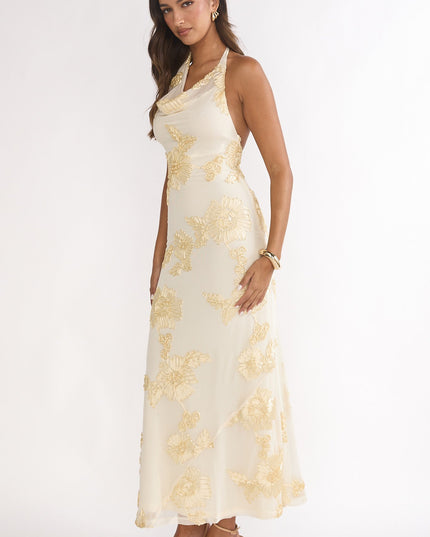 Yellow Asymmetric Halterneck Embellished Maxi Dress