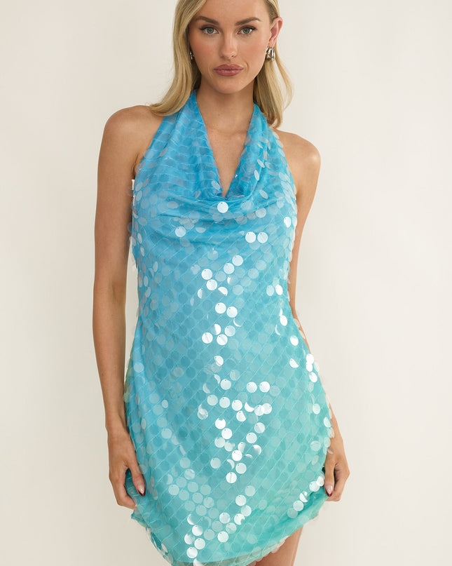 Multi Cowl Neck Sequin Mini Dress Blue