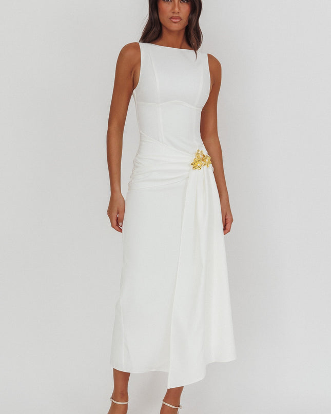 White Gold Buckle Waist Drape Maxi Dress