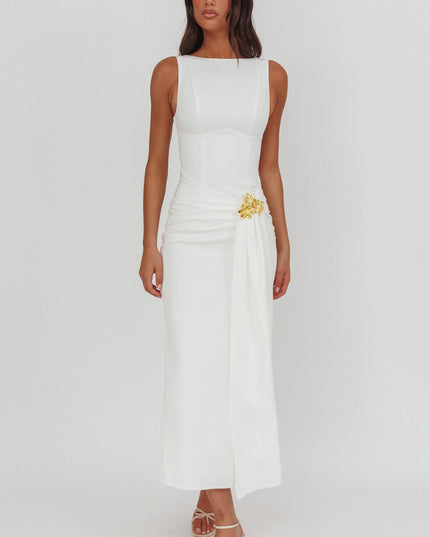 White Gold Buckle Waist Drape Maxi Dress