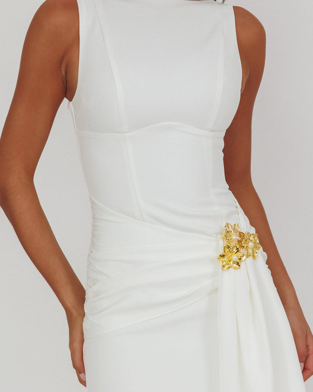 White Gold Buckle Waist Drape Maxi Dress