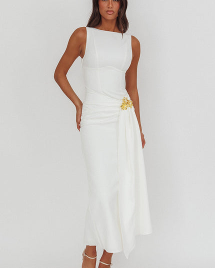 White Gold Buckle Waist Drape Maxi Dress