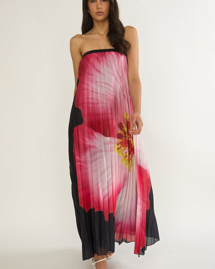 Black Strapless Accordion Pleat Maxi Dress Hibiscus