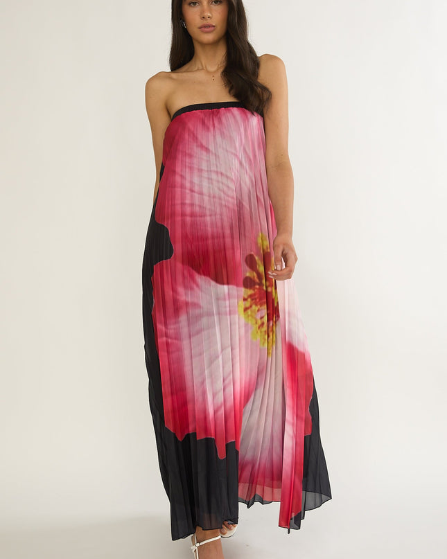 Black Strapless Accordion Pleat Maxi Dress Hibiscus