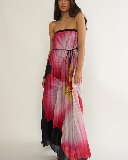 Black Strapless Accordion Pleat Maxi Dress Hibiscus