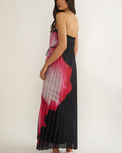 Black Strapless Accordion Pleat Maxi Dress Hibiscus