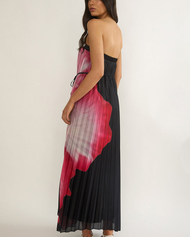 Black Strapless Accordion Pleat Maxi Dress Hibiscus