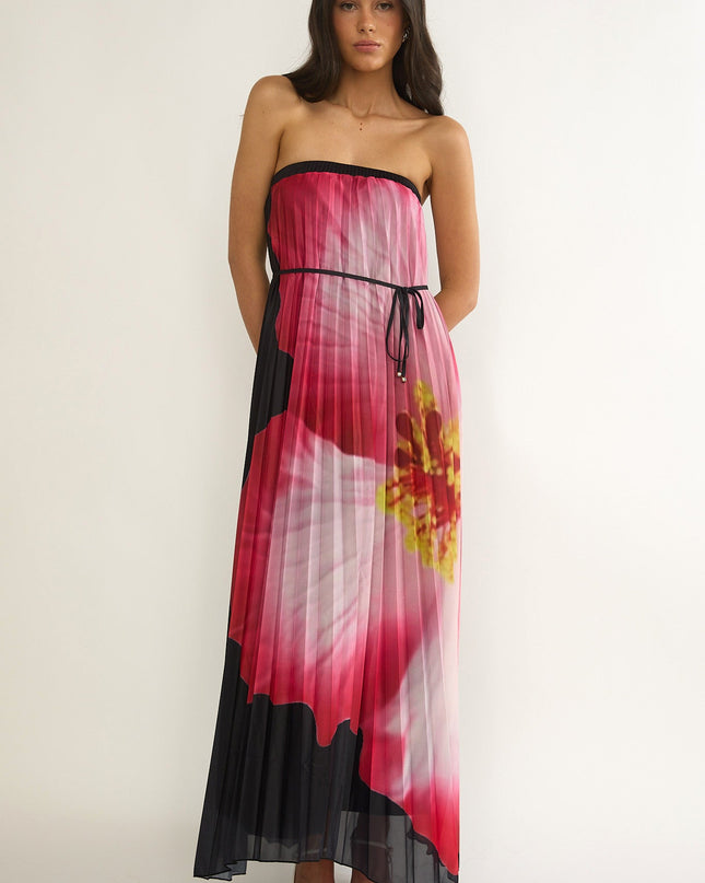Black Strapless Accordion Pleat Maxi Dress Hibiscus