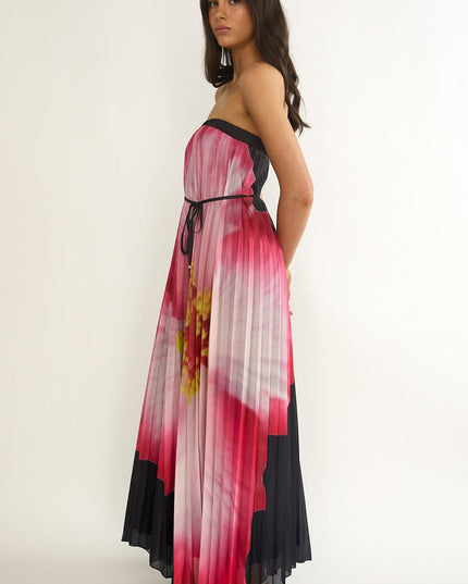 Black Strapless Accordion Pleat Maxi Dress Hibiscus