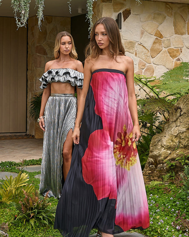 Black Strapless Accordion Pleat Maxi Dress Hibiscus