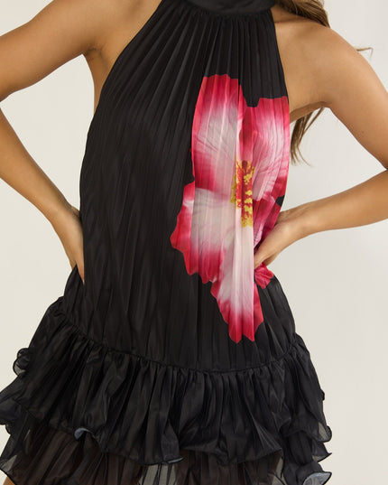Black Pleat Ruffle Mini Dress Hibiscus