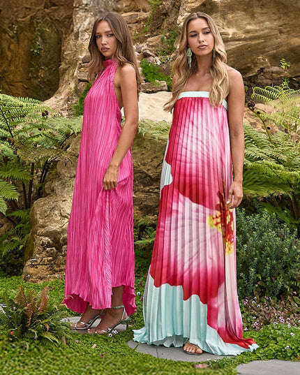 Hot Pink Halterneck Crepe Maxi Dress
