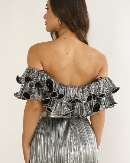 Silver Off-Shoulder Lettuce Edge Crop Top