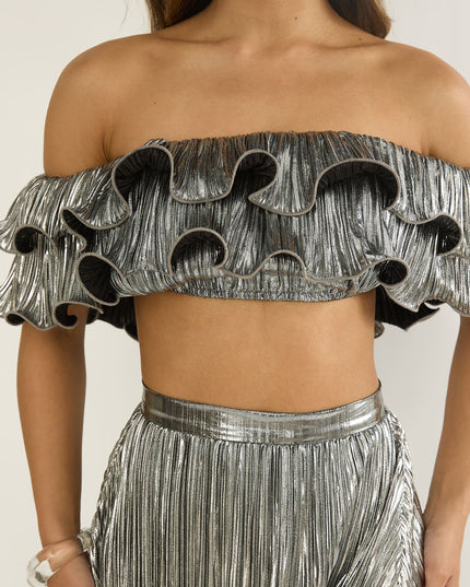 Silver Off-Shoulder Lettuce Edge Crop Top