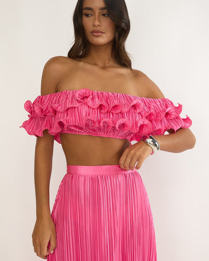 Hot Pink Off-Shoulder Lettuce Edge Crop Top