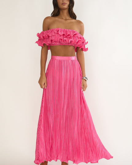 Hot Pink Off-Shoulder Lettuce Edge Crop Top