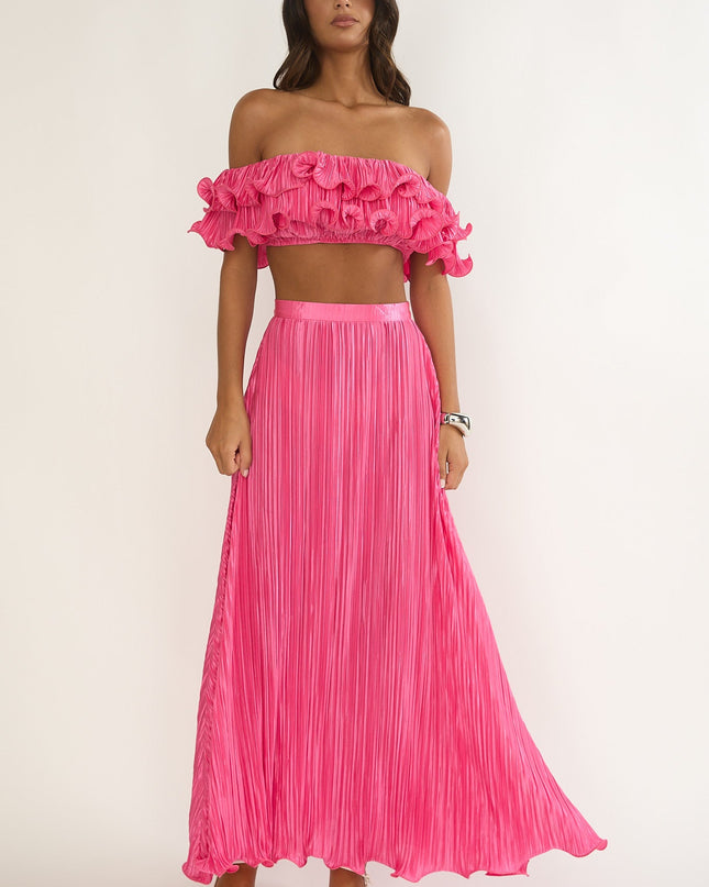 Hot Pink Off-Shoulder Lettuce Edge Crop Top